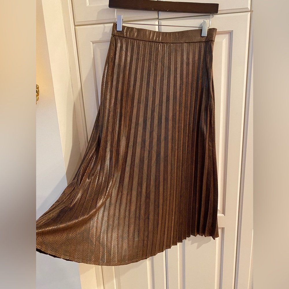 Marc New York pleated midi skirts brown Metallic Elastic waist faux Leather nWOT